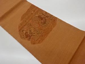 手織り紬汕頭相良刺繍抽象人物に鳥・花唐草模様織出し袋帯